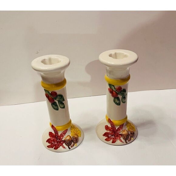 Candlesticks (2) Fall Leaves White Farmhouse 7.5” - Picture 5 of 6